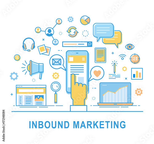 Inbound marketing. Vector illustration with thin line icons: seo, lead conversion, social media, attract, brand engagement, promoters, campaign, growth, roi, call to action, etc