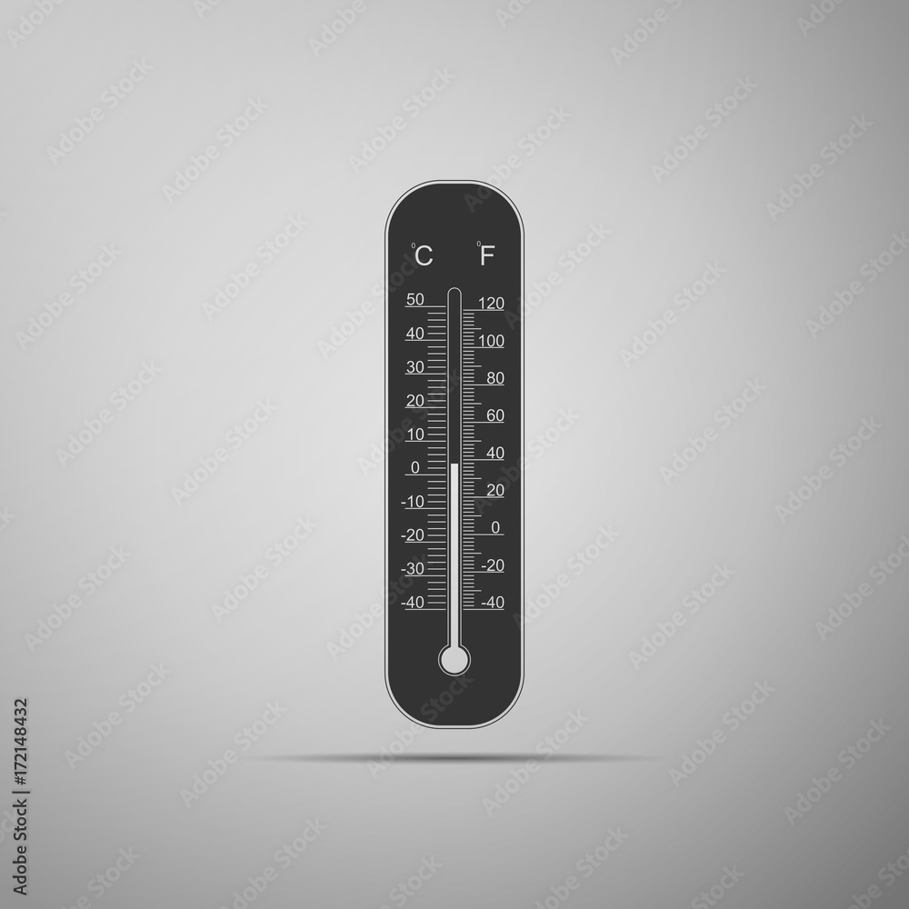 Celsius and fahrenheit meteorology thermometers measuring heat and cold icon isolated on grey background. Thermometer equipment showing hot or cold weather. Flat design. Vector Illustration Celsius and fahrenheit meteorology thermometers measuring heat and cold icon isolated on grey background. Thermometer equipment showing hot or cold weather. Flat design. Vector Illustration