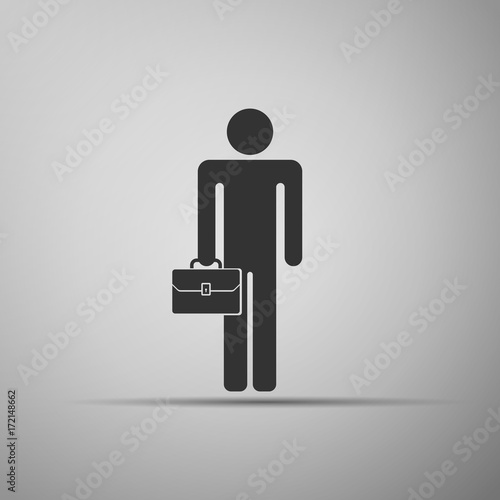 Businessman man with briefcase icon isolated on grey background. Flat design. Vector Illustration