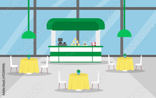 Interior restaurant or cafe in the airport on the background of a large glass window with tables, chairs, yellow tablecloth A stall with different food from sweets and soda and bouquets of flowers