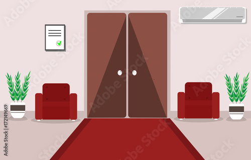 Interior of an office or hotel corridor, or a waiting room with furniture: armchairs, flowers, air conditioning, large carpet doors in a flat style