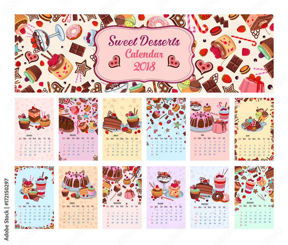 Bakery shop vector dessets calendar 2018