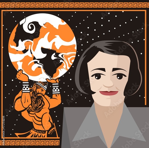 ayn rand objectivist libertarian writer author face cartoon portrait and atlas titan shrugged holding the globe