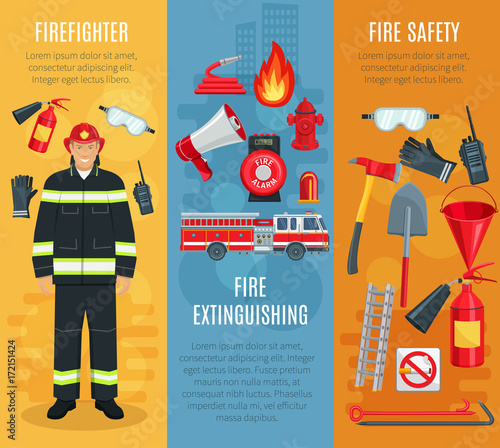 Firefighting vector banners set of fireman tools