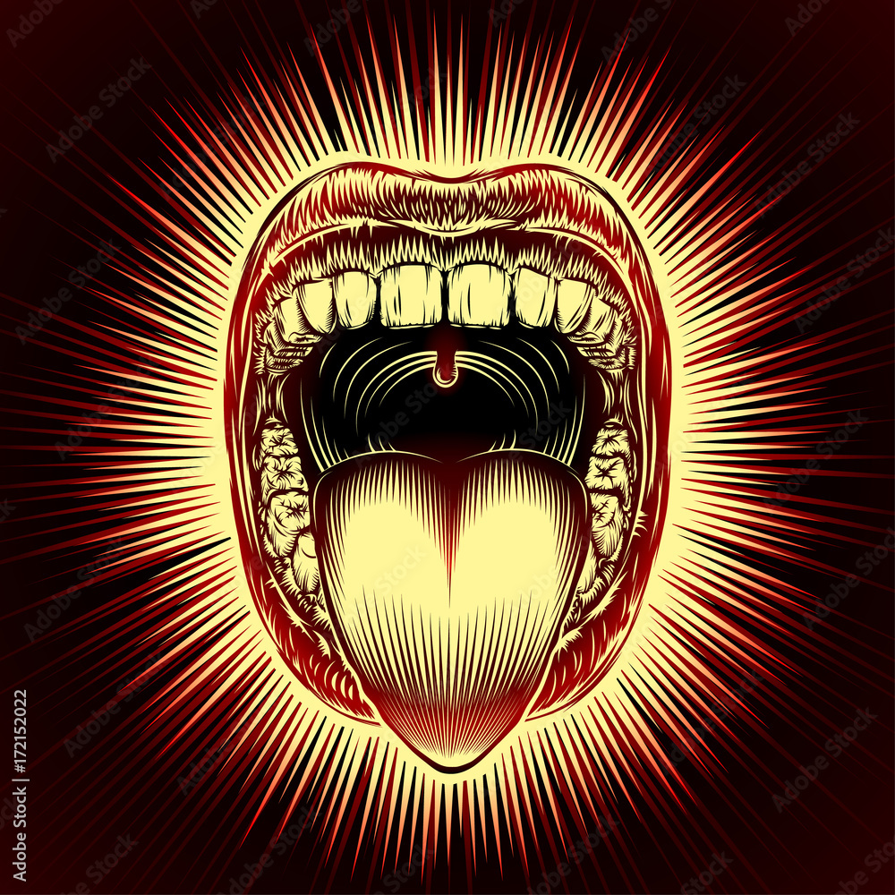 Fototapeta premium Open mouth with teeth and tongue on radiant beams background in retro stamping hand drawing style. Close-up of shouting screaming mouth with jaw drop. Vector vintage ink illustration of facial gesture