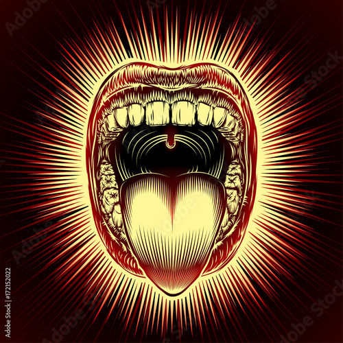 Open mouth with teeth and tongue on radiant beams background in retro stamping hand drawing style. Close-up of shouting screaming mouth with jaw drop. Vector vintage ink illustration of facial gesture