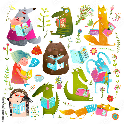 Funny Animal Kids Studying Reading Books Collection