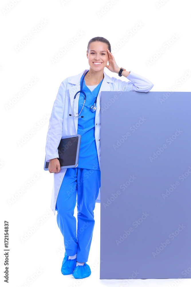 A female doctor with a blank billboard. Woman doctor A female doctor with a blank billboard. Woman doctor
