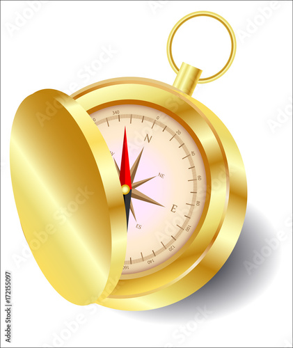 A golden compass with lid with a wind rose on a gold chain. North, south, west, east, geography, coordinates, directions