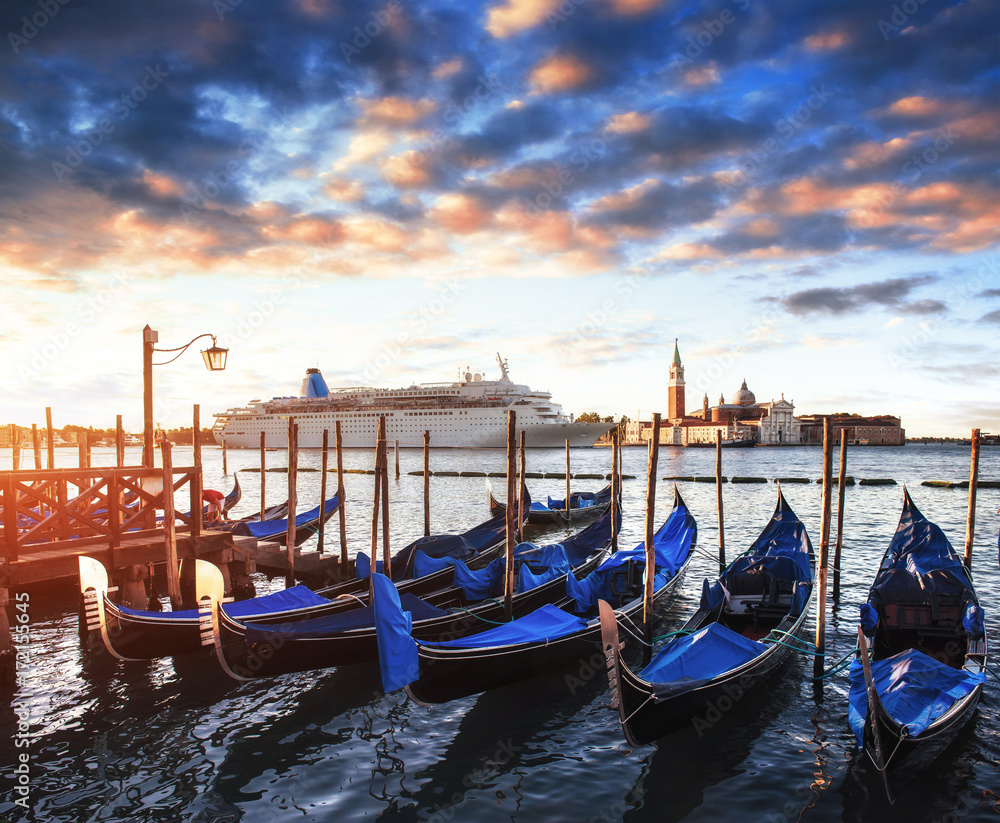 Gondolas on Grand canal in Venice, San Giorgio Maggiore church. San Marco. Beautiful summer landscape.