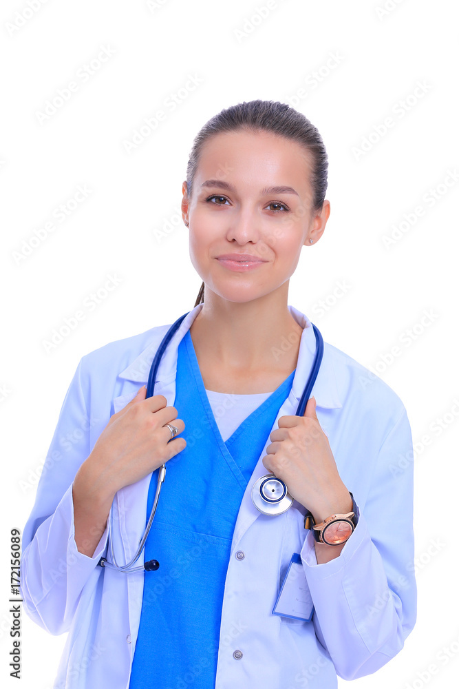 Beautiful young woman in white coat posing with hand in pocket. Woman doctor Beautiful young woman in white coat posing with hand in pocket. Woman doctor