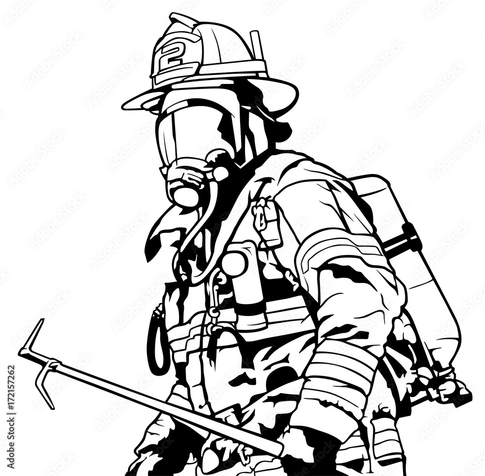 Obraz premium Fireman with Mask Holding Roof Hook in Hand - Black and White Illustration, Vector