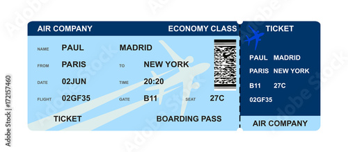 Airline boarding pass ticket with airplane and blue stripe with QR code. Isolated on white. Blue ticket. Vector illustration AI10