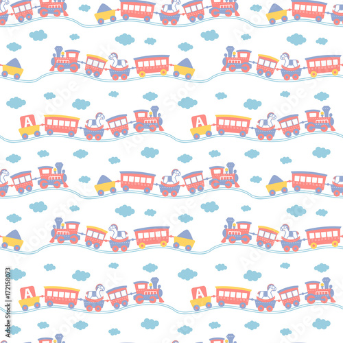 Seamless pattern with cute toy trains.