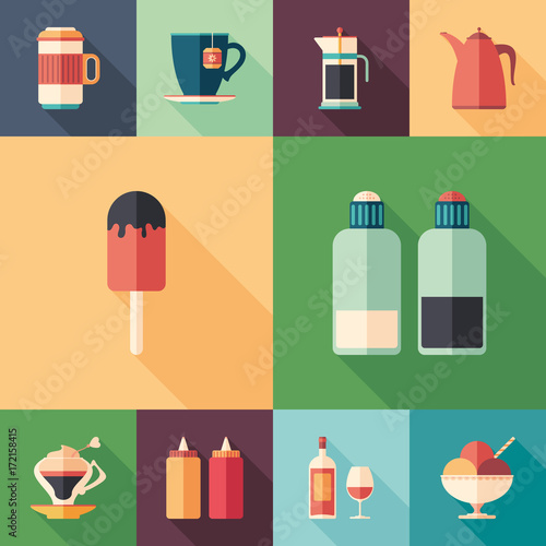 Food and drinks set of flat square icons with long shadows.