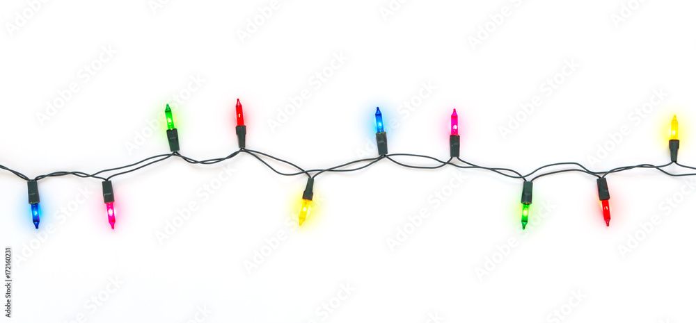 Christmas light bulbs on string in multi colours; blue, yellow, red, pink and green on white background for Xmas, new year or special events celebration (tree ornament concept)