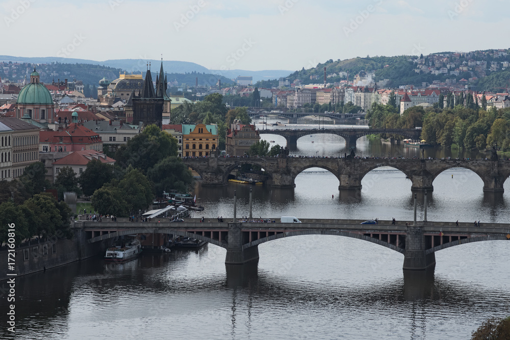 Scenic view of bridges on the Vltava river and historical center of Prague,buildings and landmarks of old town,Prague,Czech Rapublic