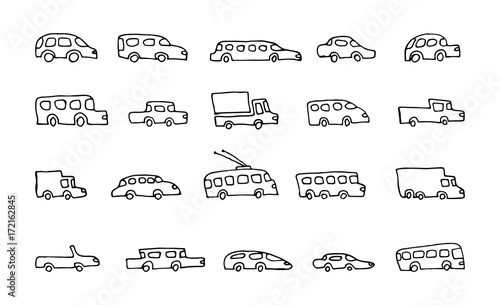 doodle transport car icons vector set