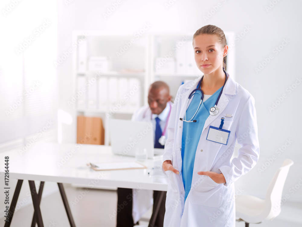 Medicine doctor offering hand to shake in office closeup. Doctors Medicine doctor offering hand to shake in office closeup. Doctors