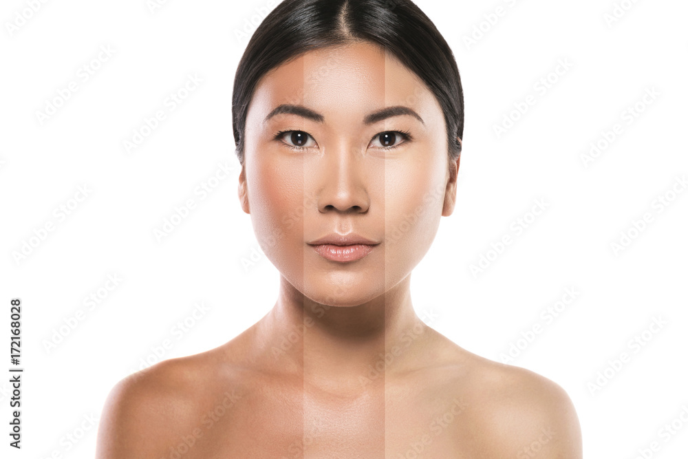 Difference in skin brightness. Concept of facial whitening or sun protection. Difference in skin brightness. Concept of facial whitening or sun protection.