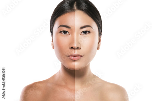 Difference in skin brightness. Concept of facial whitening or sun protection.
