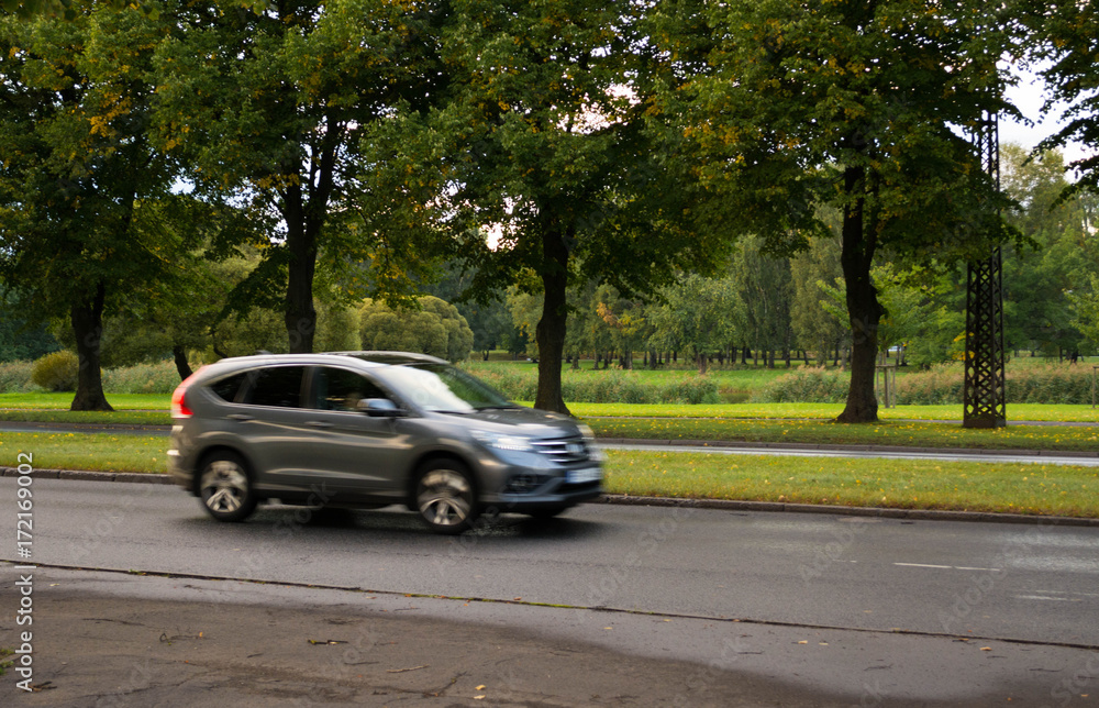 Gray car moving on the road in city park on cloudy autumn day. Motion blur.