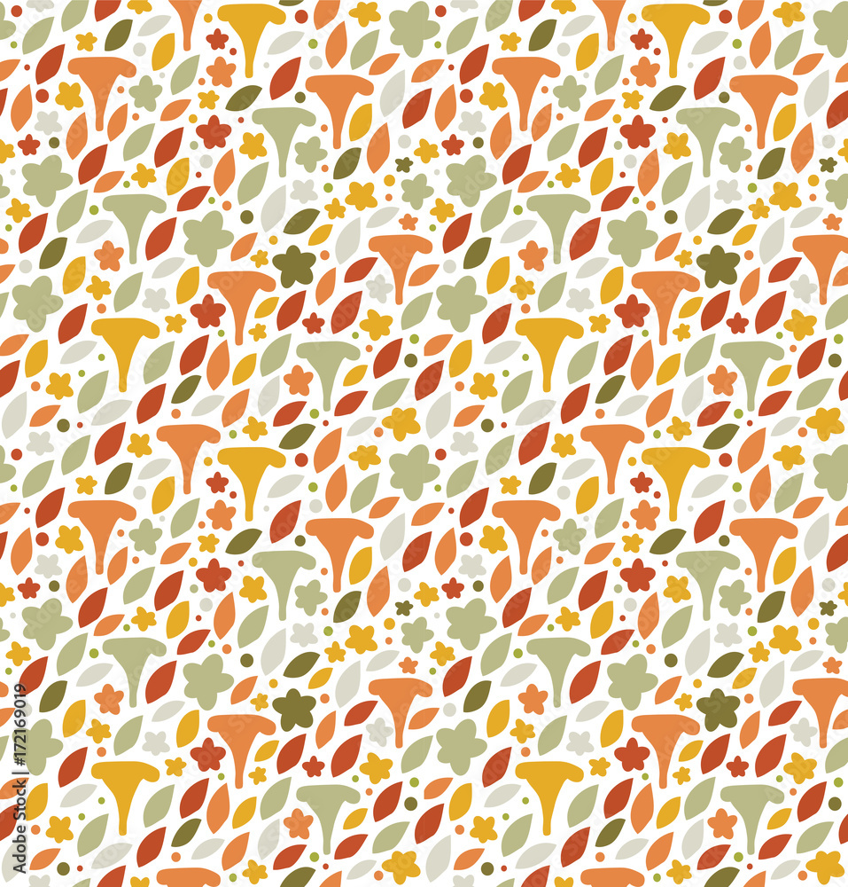 Seamless floral pattern with mushrooms, flowers and leaves. Nature drawn background