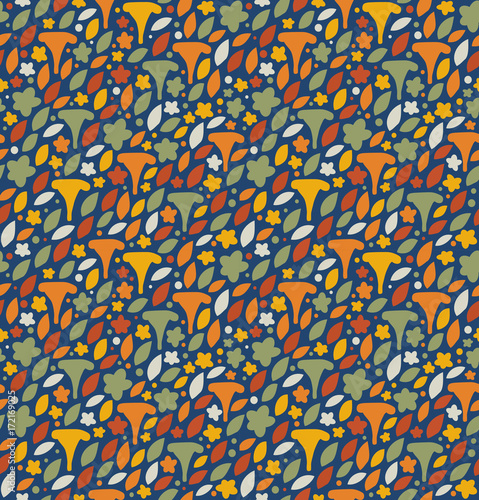 Seamless floral pattern with mushrooms, flowers and leaves. Nature cute background