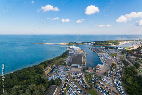 New cars in a port, view from above