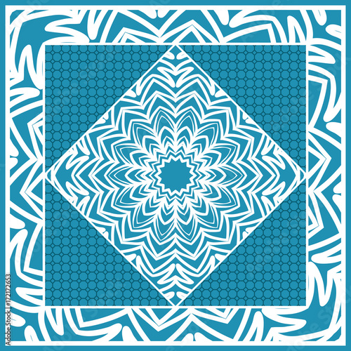 Design print for Pillow. Vector Illustration. Pattern with Geometric Lace Floral Ornament. For fabric, textile, bandana, scarg, carpet print. Blue color photo