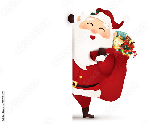 Happy smiling Santa Claus standing behind a blank sign, showing on big blank sign. Merry Santa Claus with gift bag full of gift boxes and present, candy cane. Santa clause. vector illustration.