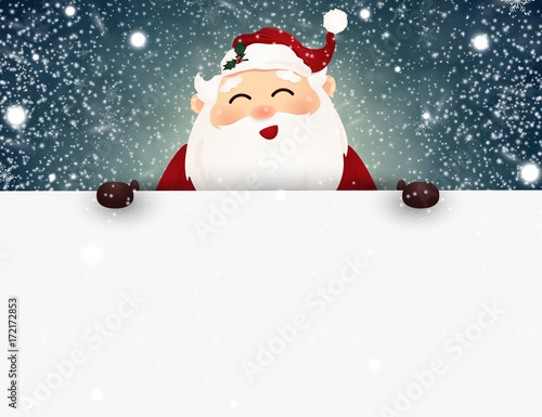 Happy smiling Santa Claus standing behind a blank sign, showing on big blank sign. Merry Santa Claus with falling snow. Santa clause. vector illustration.