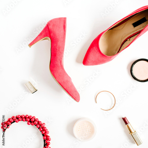 Woman fashion high heels and accessories collage on white background. Flat lay, top view feminine background.