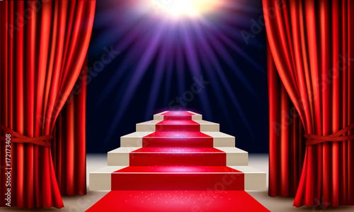 Showroom with red carpet leading to a podium with curtains. Vector