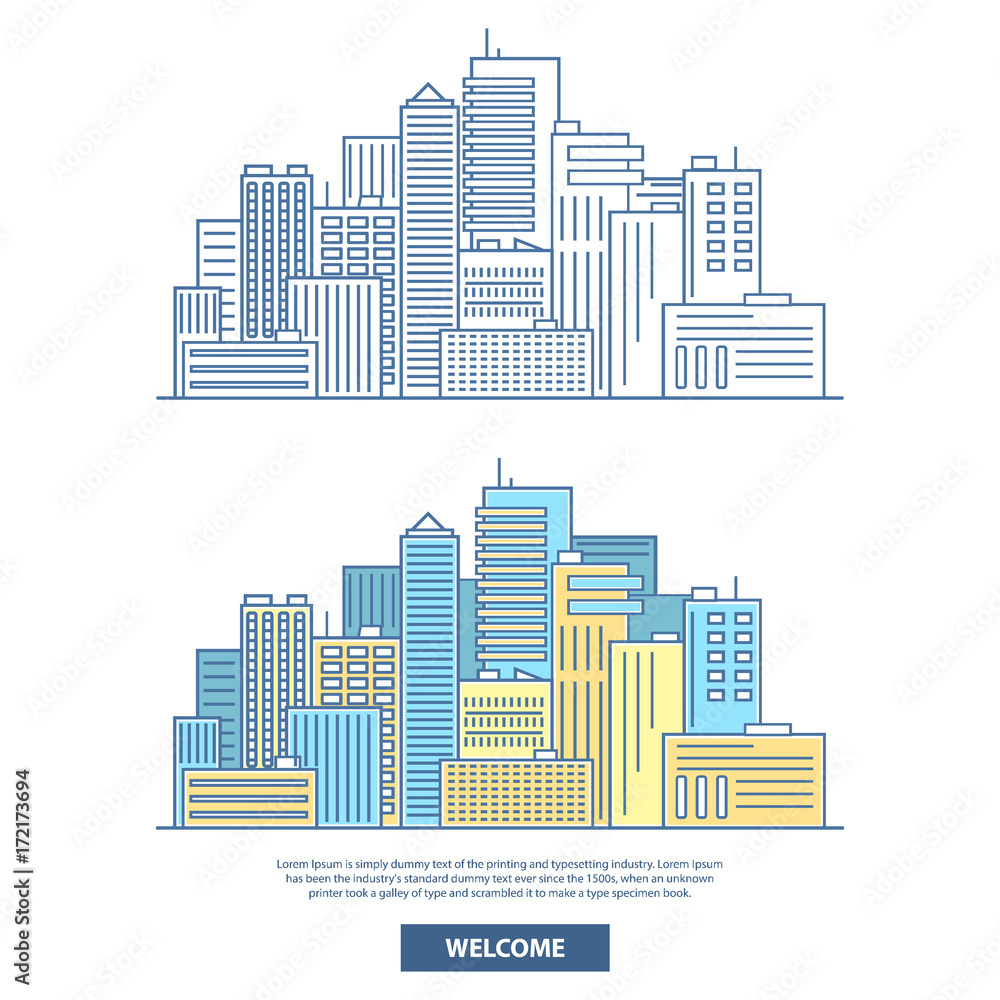City skyscrapers vector horizontal banner. Travel poster with city buildings, houses, cityscape and place for text. Flat linear style design