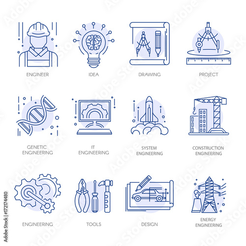 Engineering construction energy technology vector line icons set