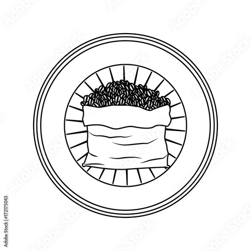 logo badge circular decorative of bag with coffee beans striped silhouette on white background vector illustration
