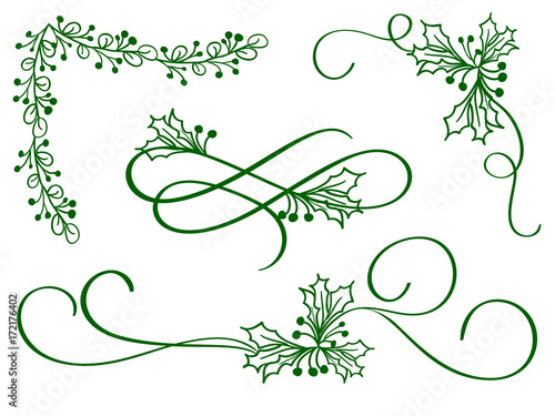 set of green christmas calligraphy flourish art with vintage decorative whorls for design on white background. Vector illustration EPS10