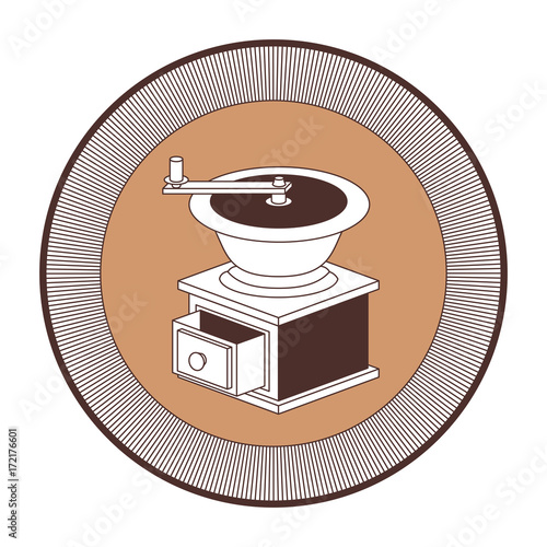 logo shield decorative of coffee grinding with crank striped silhouette color section on white background vector illustration