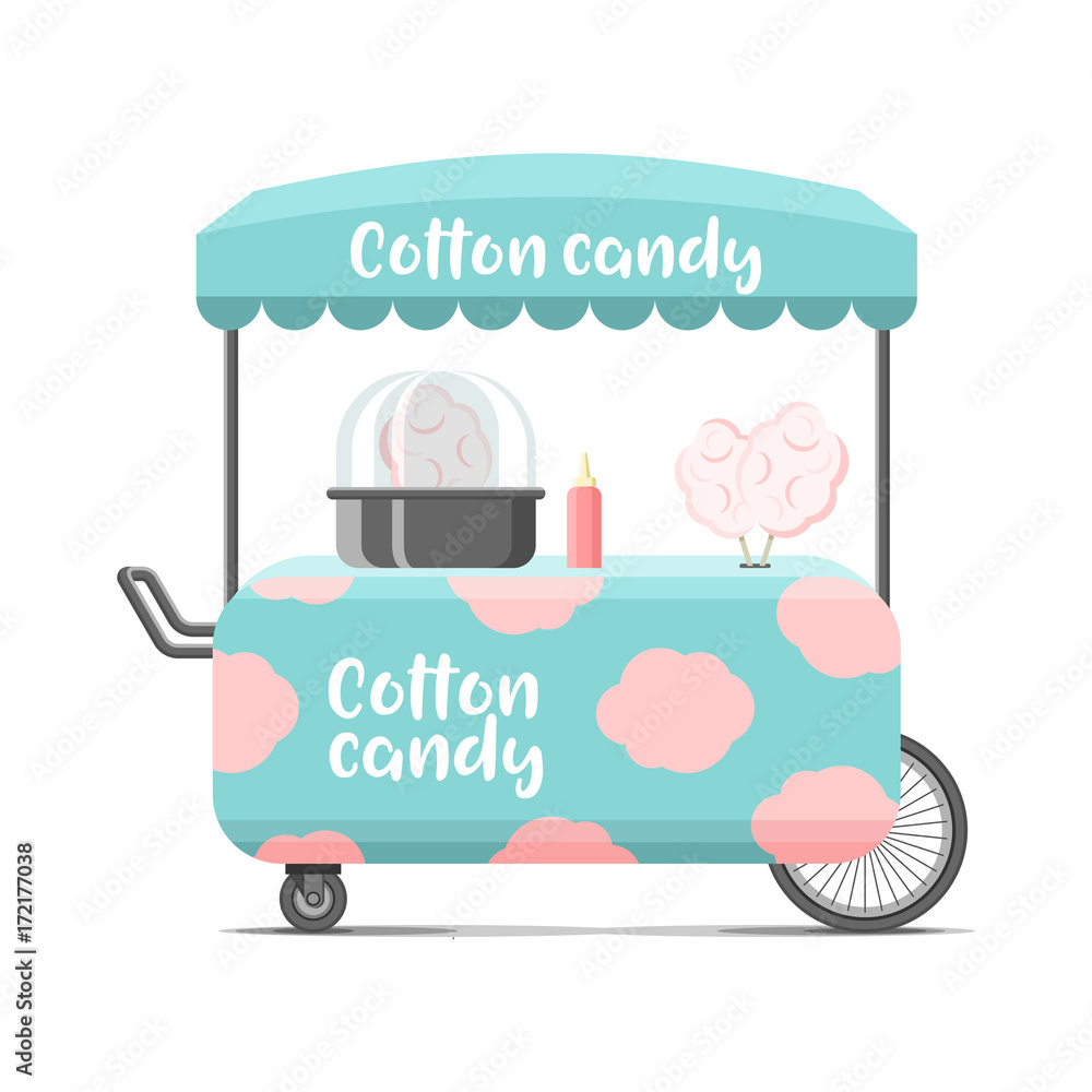 Cotton candy street food cart. Colorful vector illustration, cartoon ...