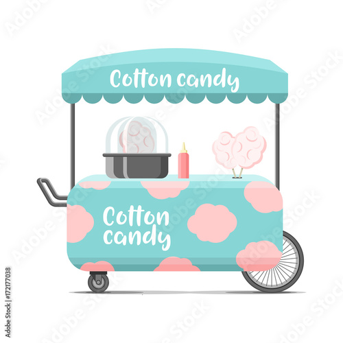 Cotton candy street food cart. Colorful vector illustration, cartoon style, isolated on white background
