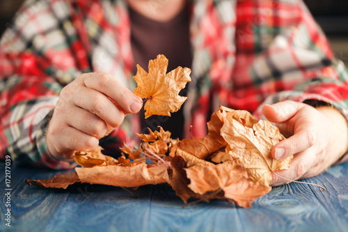 Heap of autumn leaf in hands photo