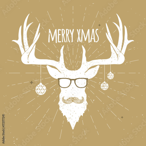 White christmas deer silhouette on gold with mustache