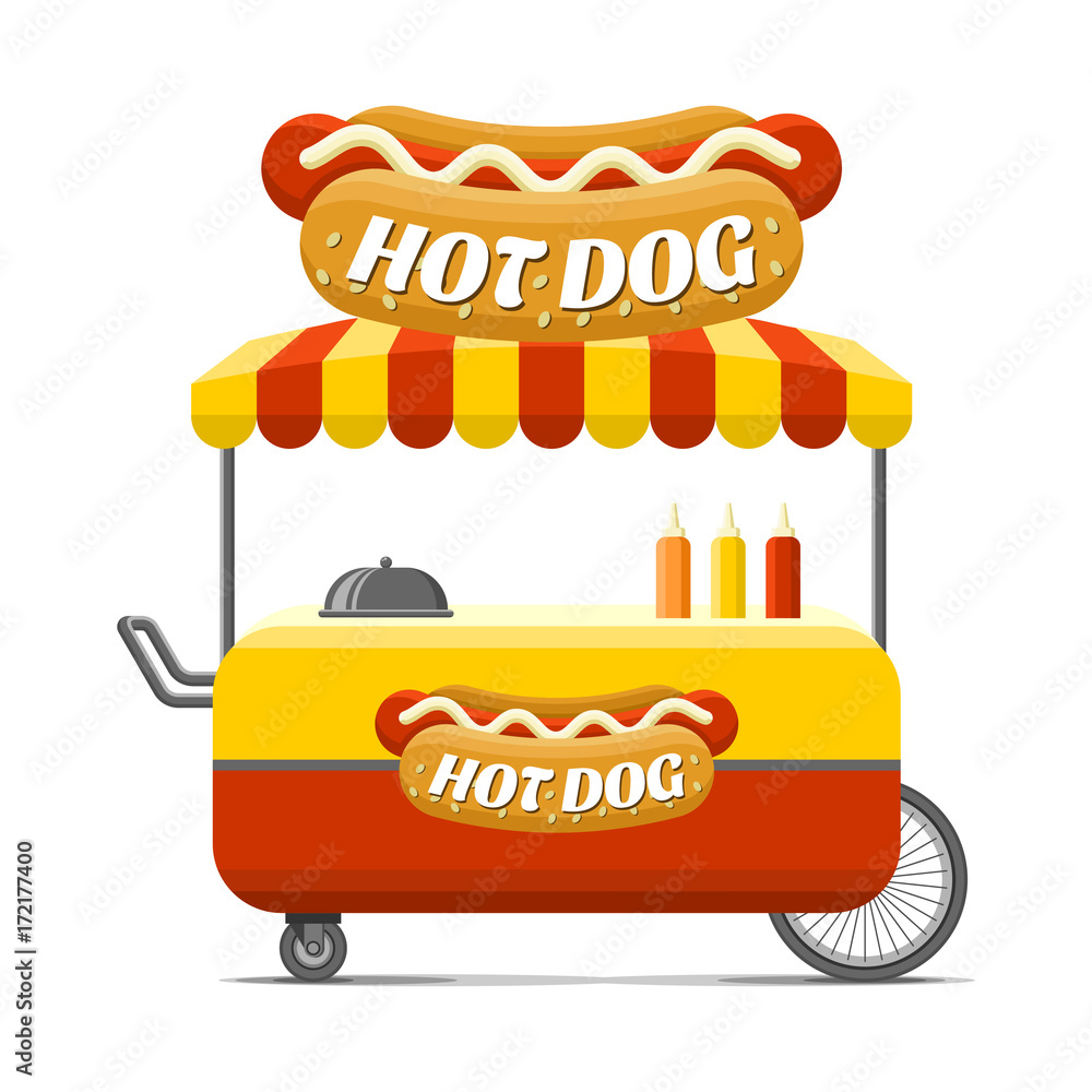 Hot dog street food cart. Colorful vector illustration, cartoon style
