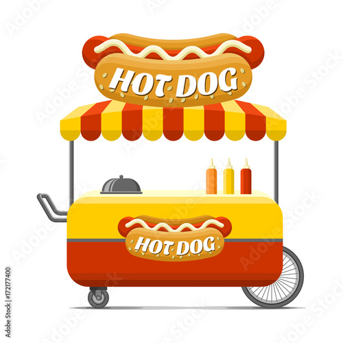 Hot dog street food cart. Colorful vector illustration, cartoon style, isolated on white background