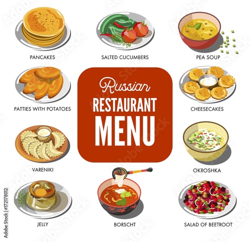 Russian cuisine traditional food vector icons for restaurant menu