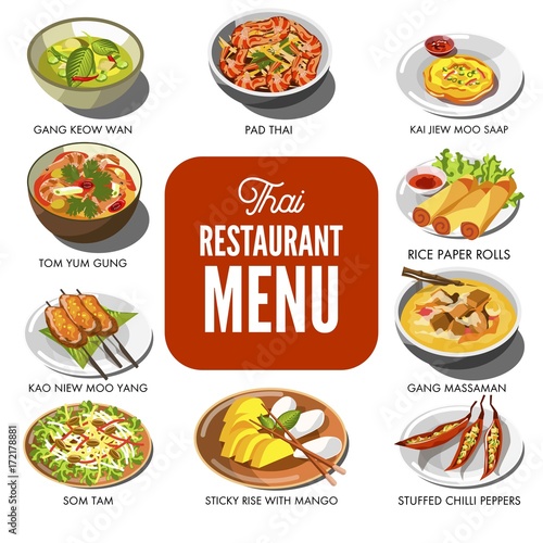 Thai cuisine food traditional dish vector icons for Thailand restaurant menu