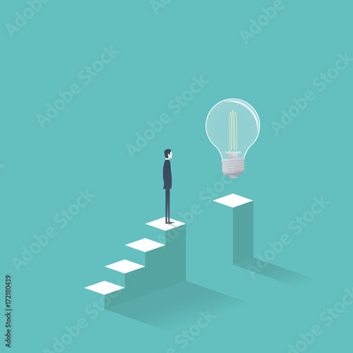 Business creativity and finding solution vector concept with businessman standing on steps trying to get some new ideas, innovations, inventions.