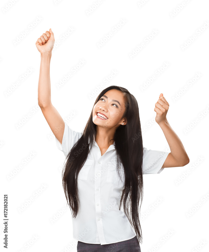 Happy young oriental woman dancing or rejoicing on white background Happy young oriental woman dancing or rejoicing on white background