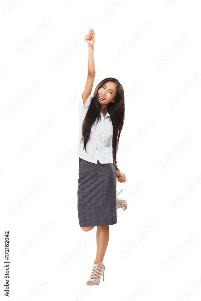Full body portrait of cheering and dancing Asian woman isolated Full body portrait of cheering and dancing Asian woman isolated